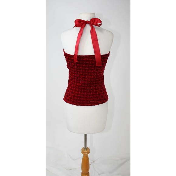 Y2k Wine Velvet Strapless Halter Top Bandeau Smocked Shirred Christmas Winter - Picture 4 of 8